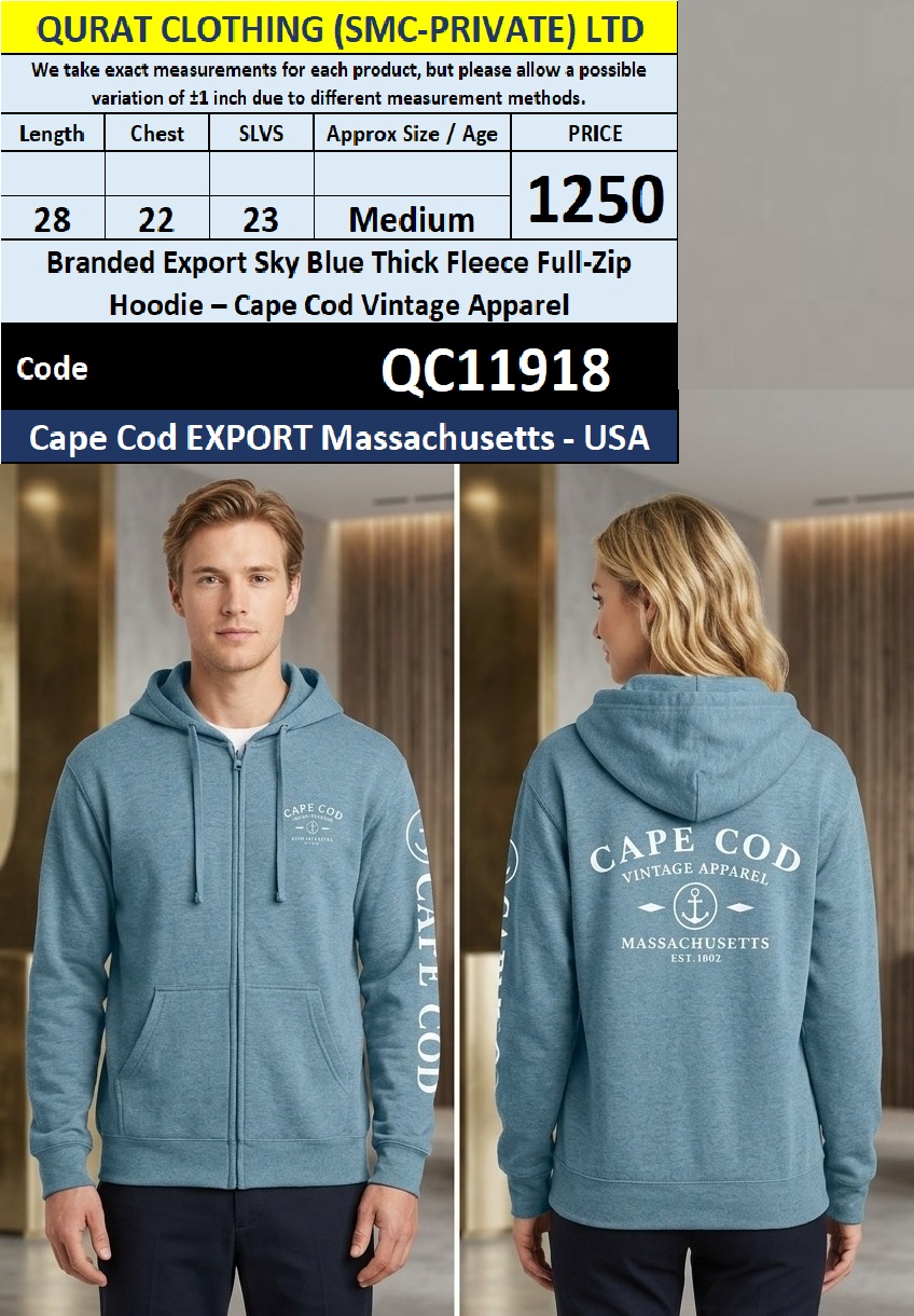 Branded Export Sky Blue Thick Fleece Full-Zip Hoodie – Cape Cod Vintage Apparel – Cape Cod Massachusetts USA – QC11918