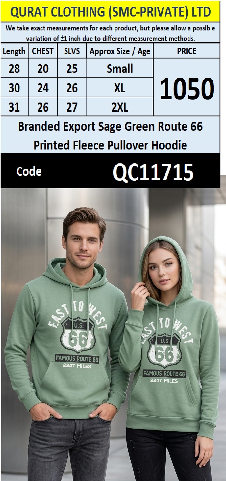 Branded Export Sage Green Route 66 Printed Fleece Pullover Hoodie QC11715