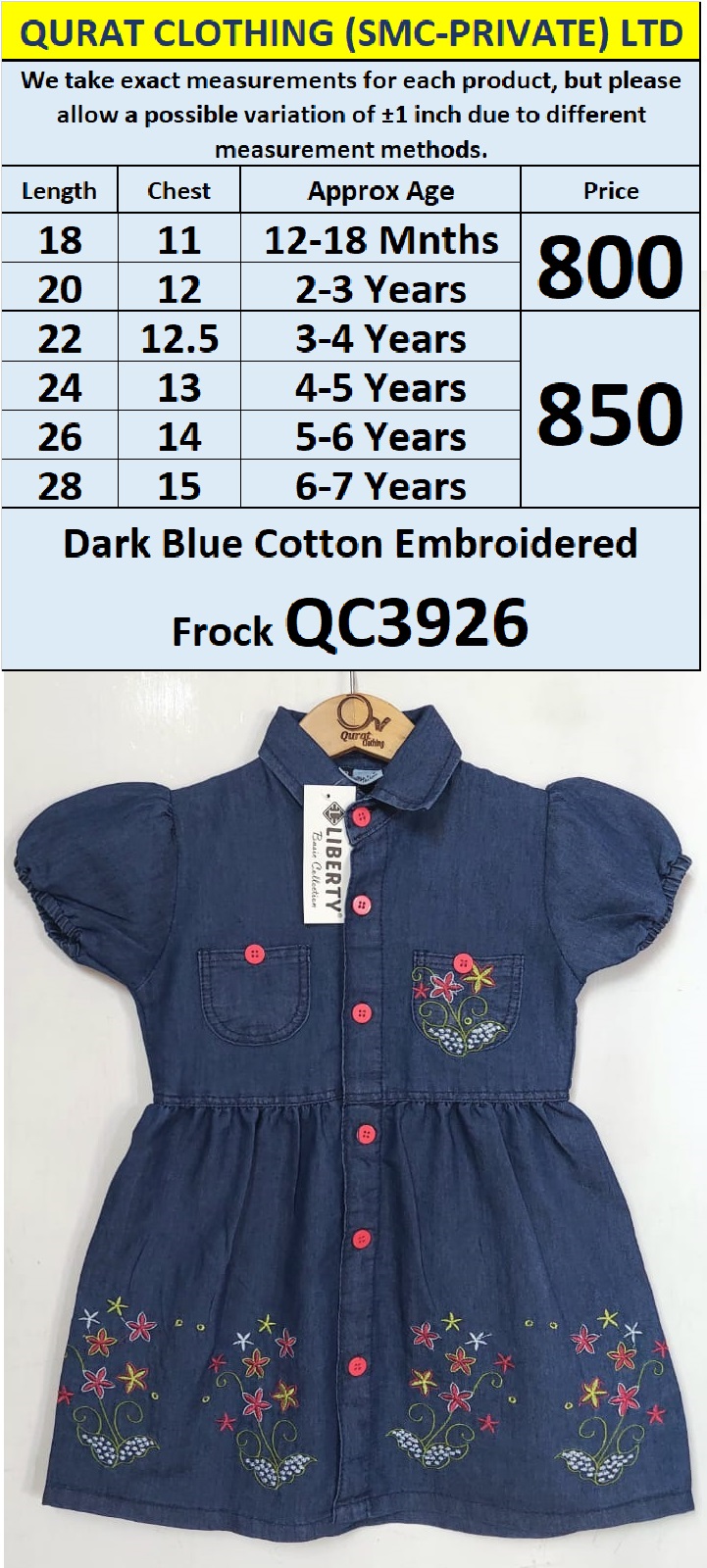Dark Blue Cotton Embroidered Frock QC3926