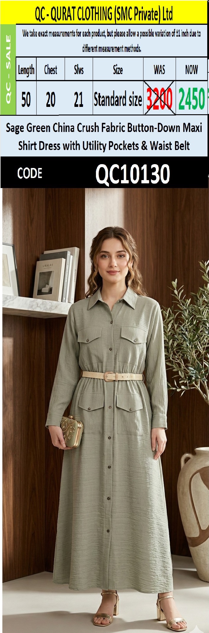 Sage Green China Crush Fabric Button-Down Maxi Shirt Dress with Utility Pockets & Waist Belt – QC10130