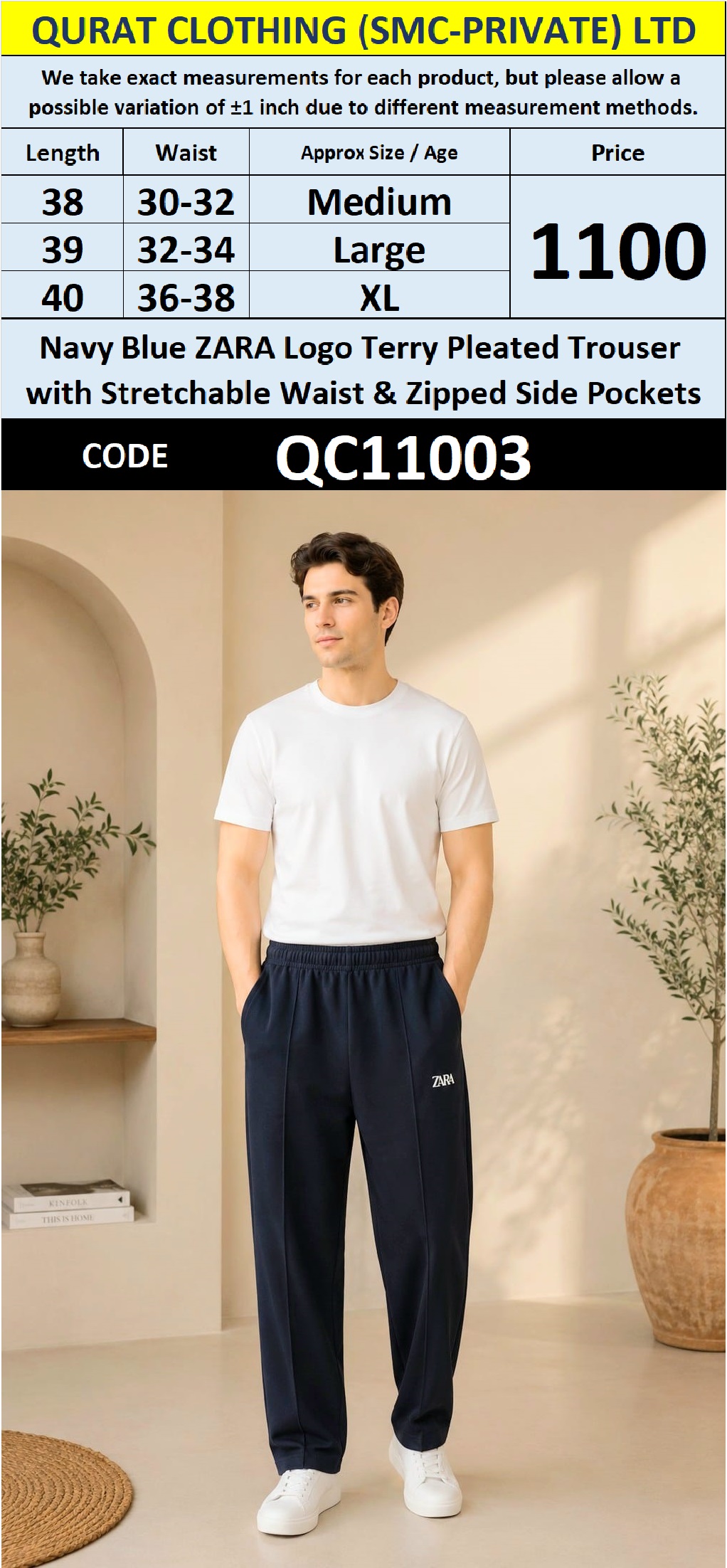 Navy Blue ZARA Logo Terry Pleated Trouser with Stretchable Waist & Zipped Side Pockets – QC11003