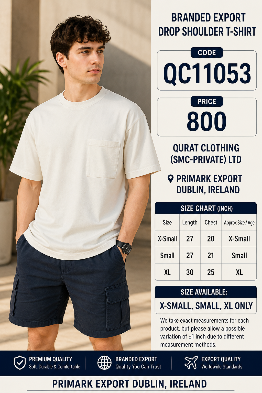 White Pocket Style Branded Export Drop Shoulder T-Shirt QC11053 – Primark Export Dublin Ireland