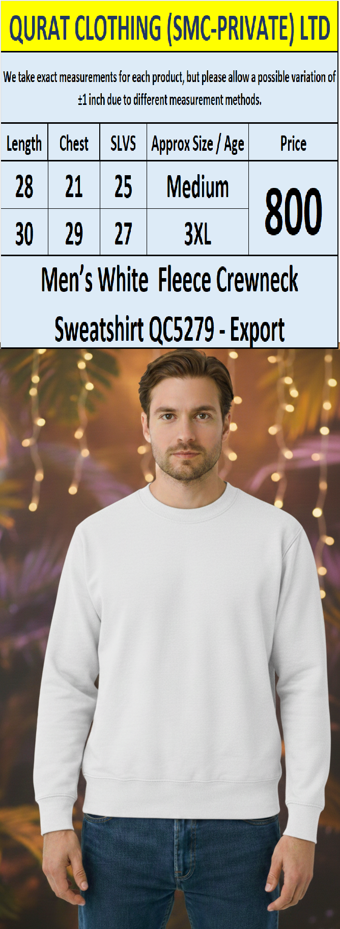 Men’s White Fleece Crewneck Sweatshirt QC5279 – Export 