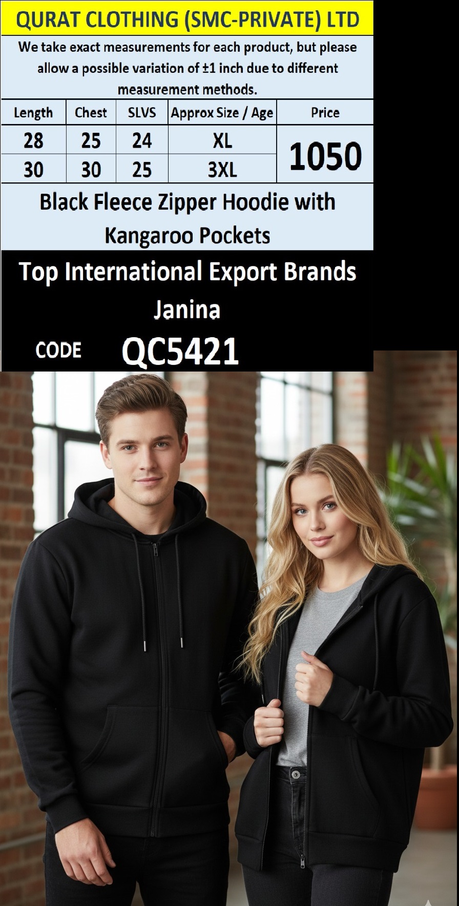 Black Fleece Zipper Hoodie with Kangaroo Pockets QC5421