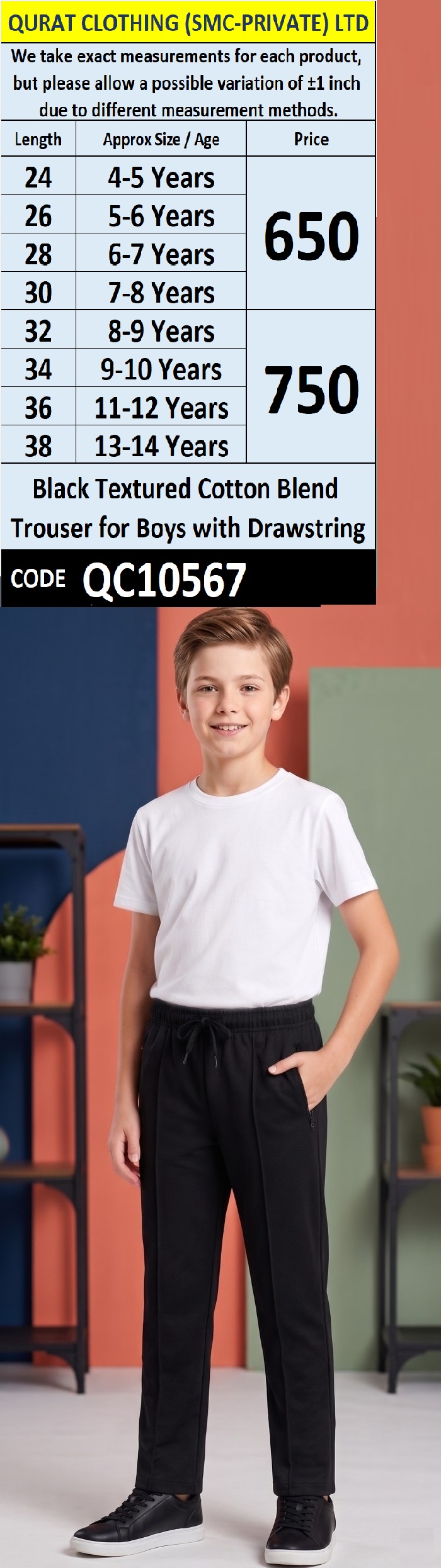 Black Textured Cotton Blend Trouser for Boys with Drawstring QC10567