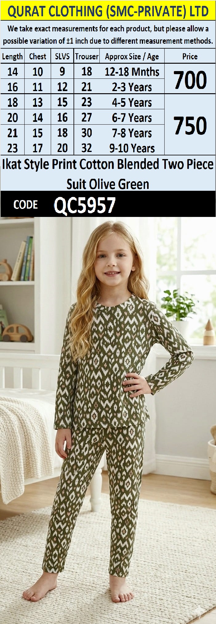 Girls Olive Green Ikat Style Printed Cotton Blended Two Piece Shirt & Trouser Set – QC5957