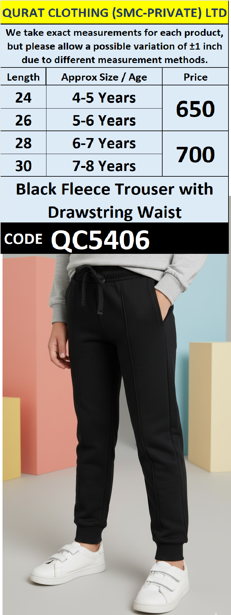 Black Fleece Trouser with Drawstring Waist for Kids QC5406