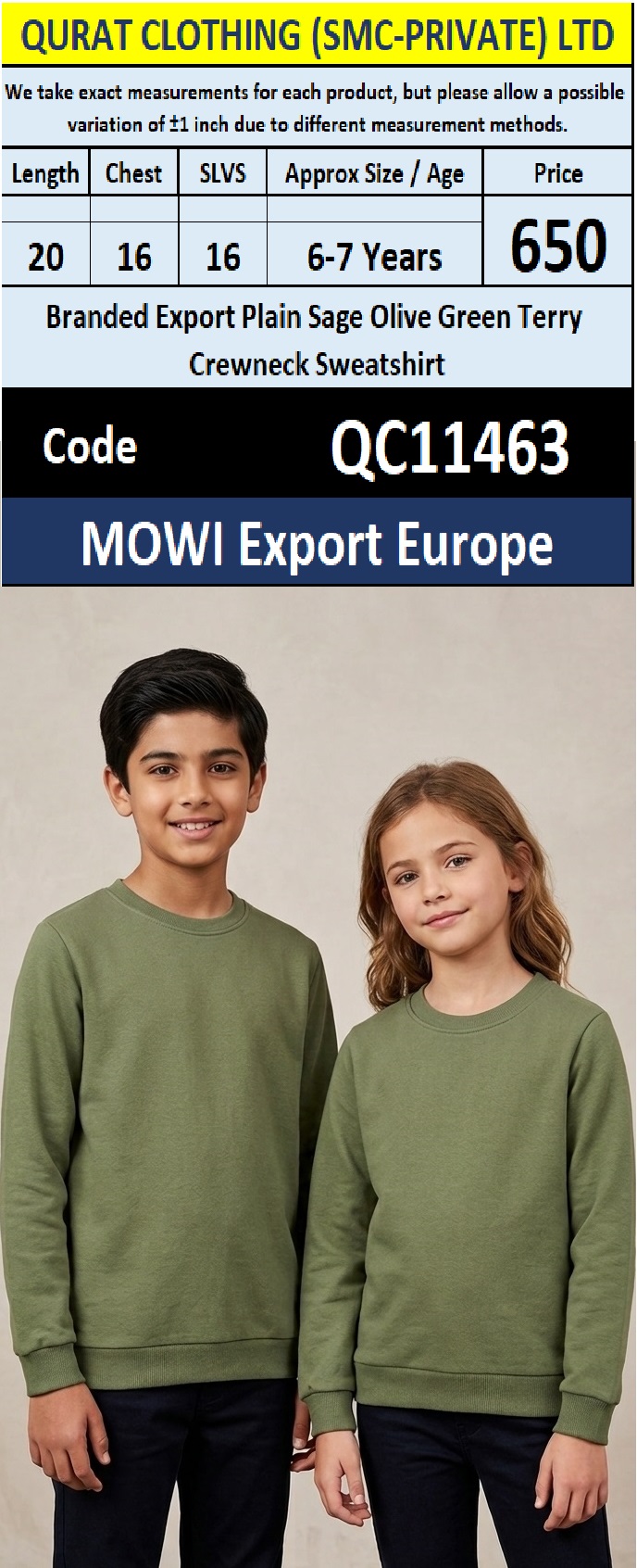 QC11463 – Branded Export Plain Sage Olive Green Terry Crewneck Sweatshirt – MOWI Export Europe