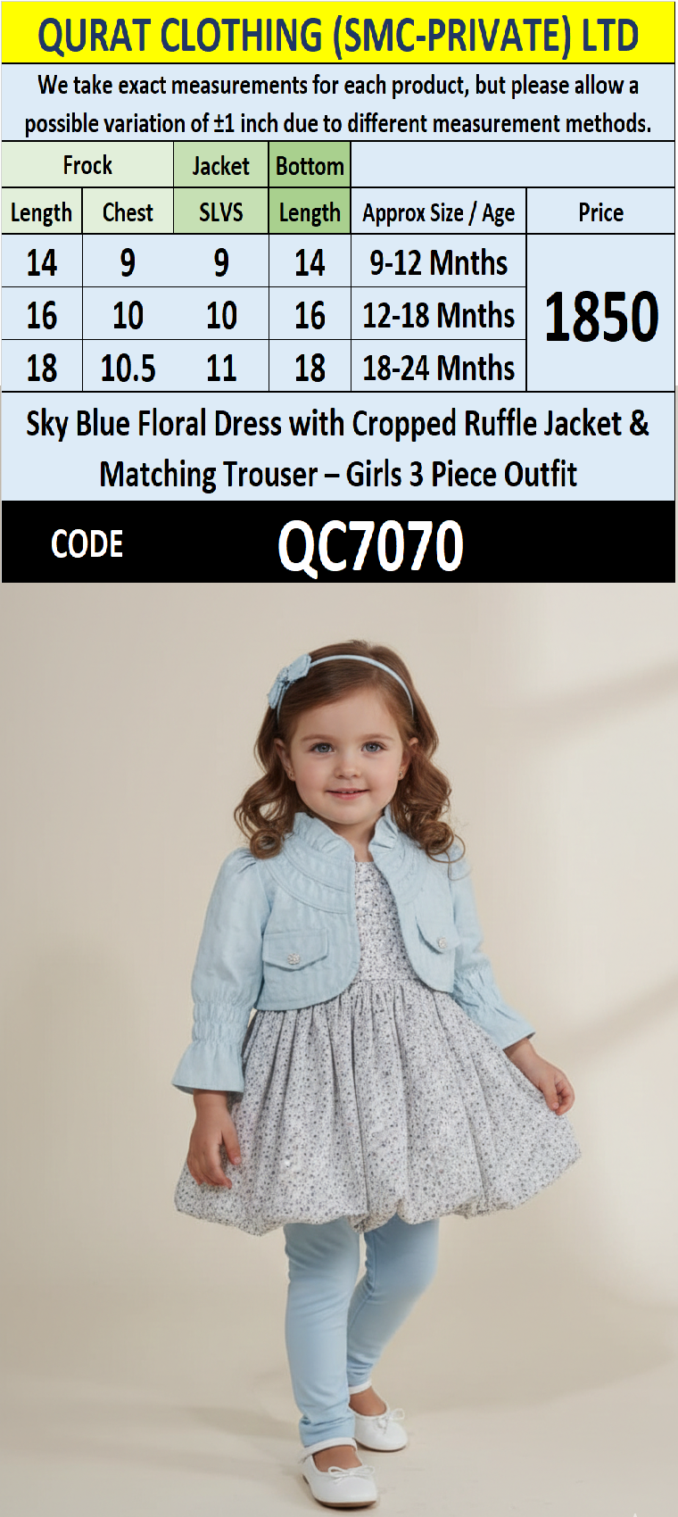 Sky Blue Floral Dress with Cropped Ruffle Jacket & Matching Trouser – Girls 3 Piece Outfit QC7070 - QC7070