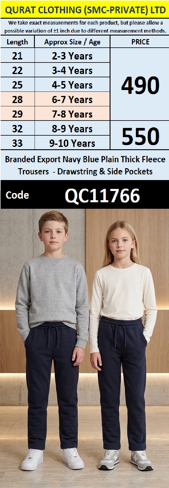 Branded Export Navy Blue Plain Thick Fleece Trousers - Drawstring & Side Pockets QC11766