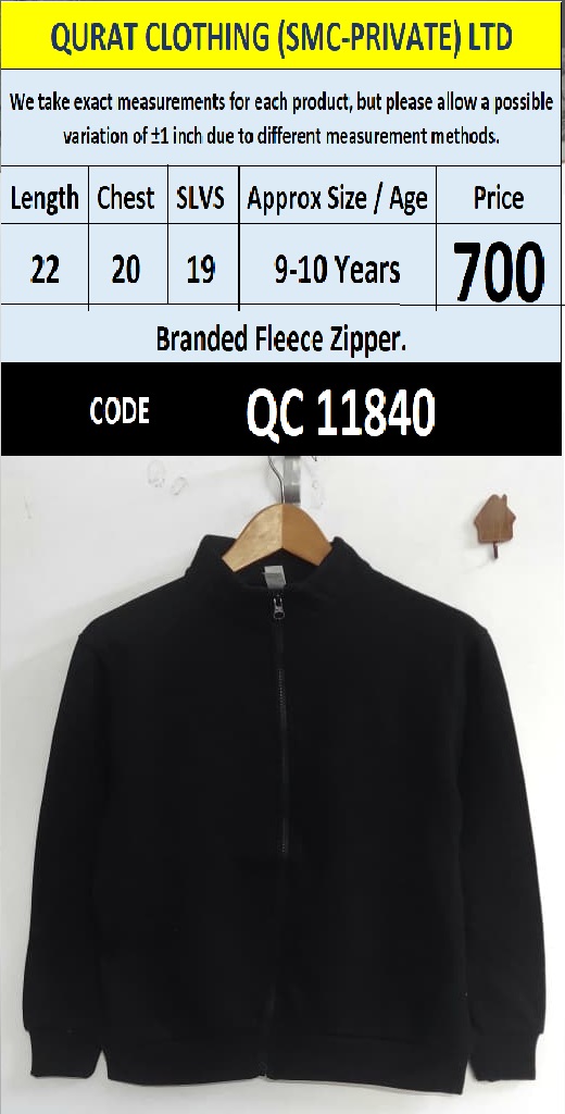Branded Black Fleece Zipper Sweatshirt with Stand Collar and Full Front Zip — QC11840