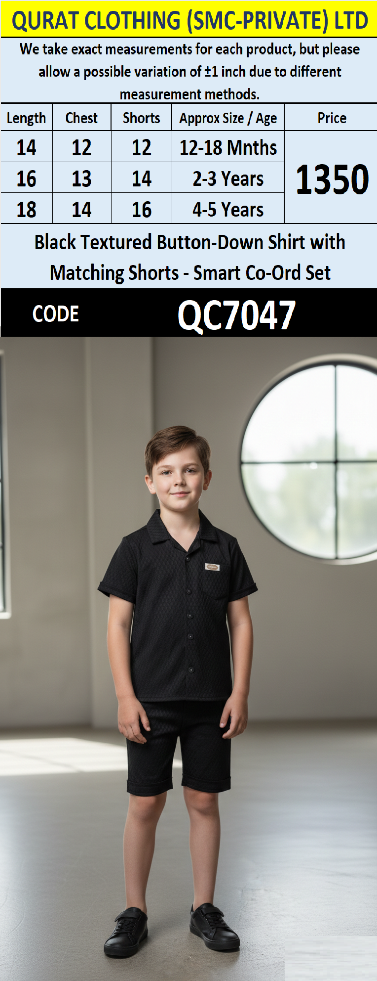 Black Textured Button-Down Shirt with Matching Shorts Smart Co-Ord Set for Boys QC7047