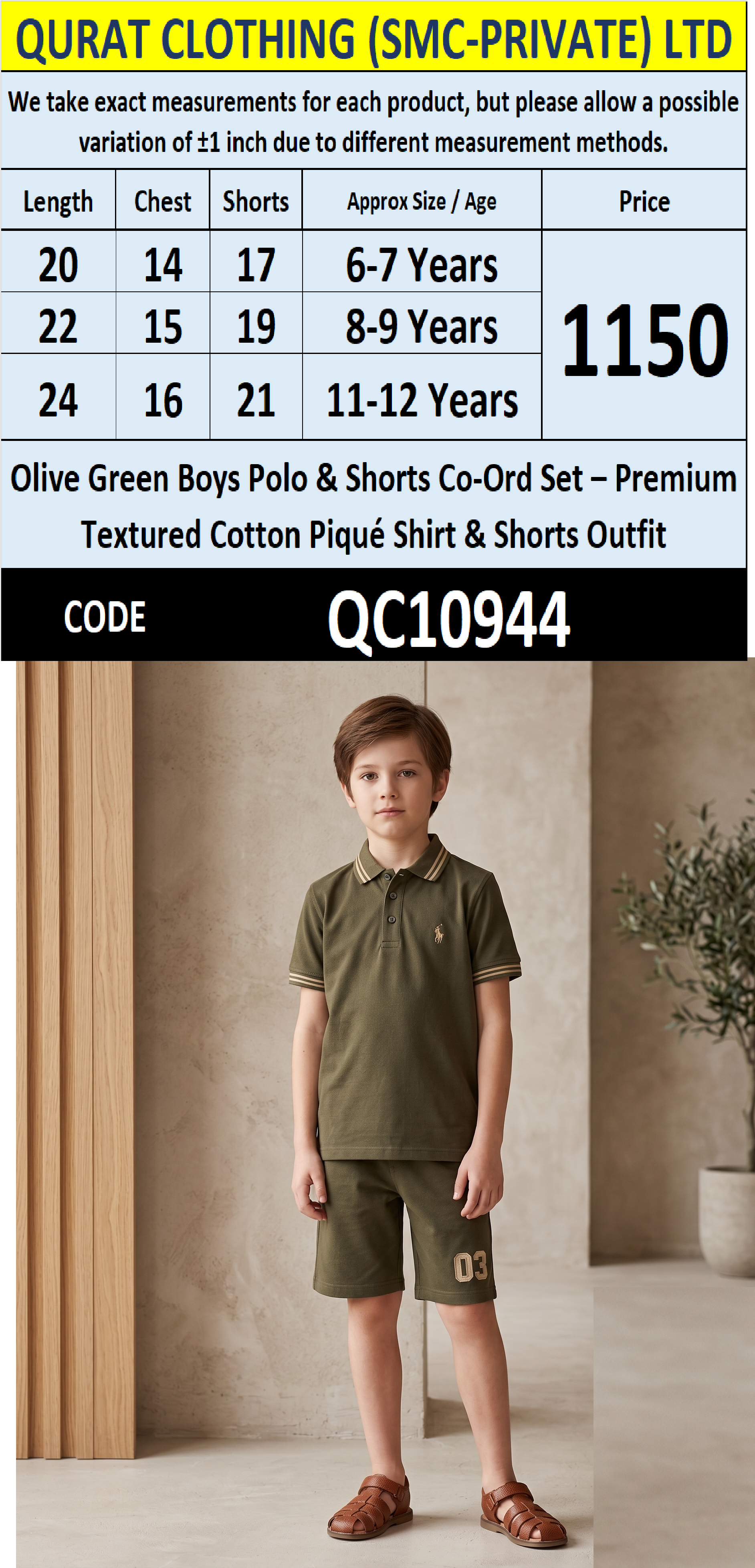 Olive Green Boys Polo & Shorts Co-Ord Set – Premium Textured Cotton Piqué Shirt & Shorts Outfit QC10944