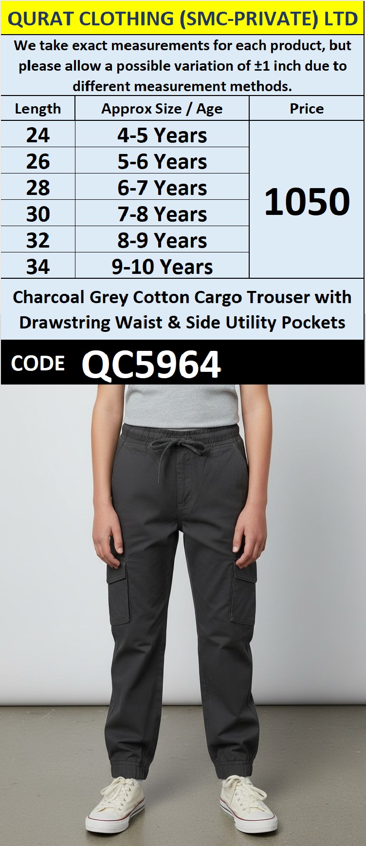Charcoal Grey Cotton Cargo Trouser with Drawstring Waist & Side Utility Pockets – QC5964