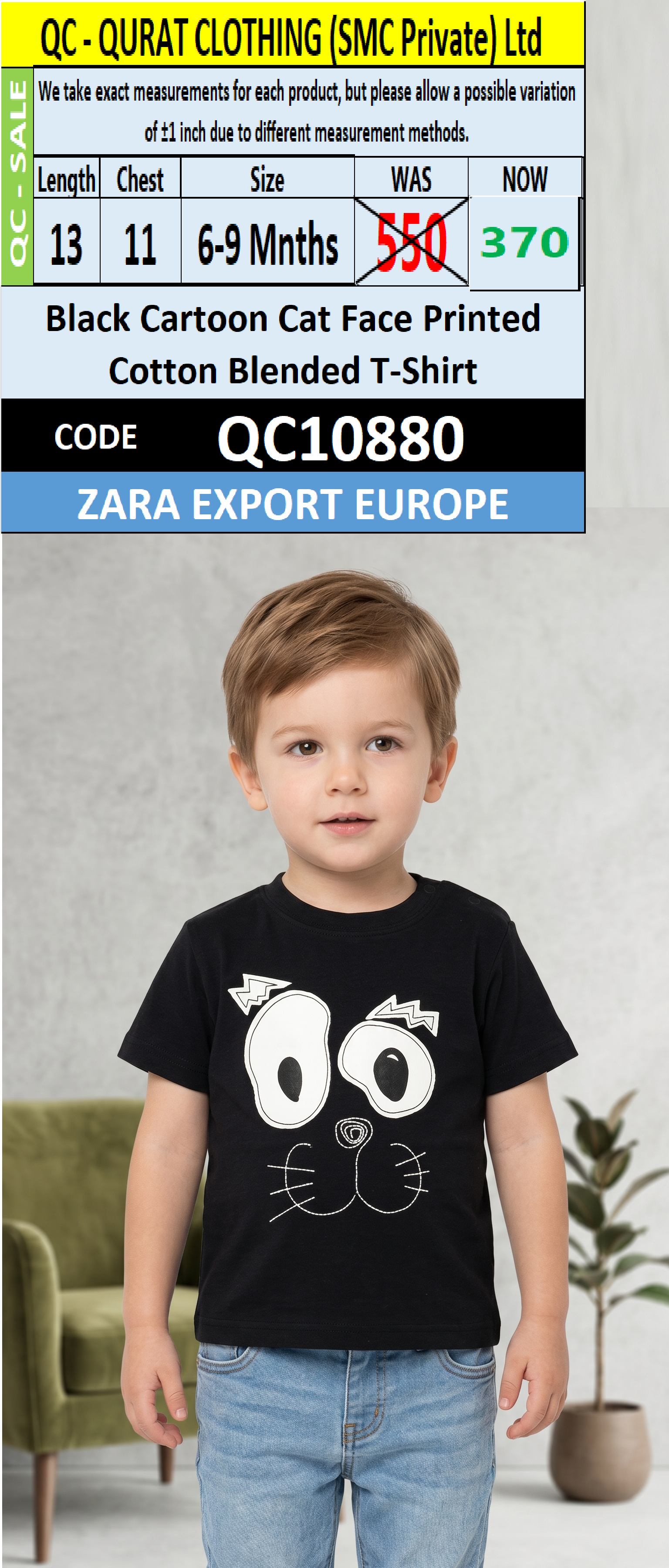 Black Cartoon Cat Face Printed Cotton Blended T-Shirt QC10880 – ZARA Export Europe