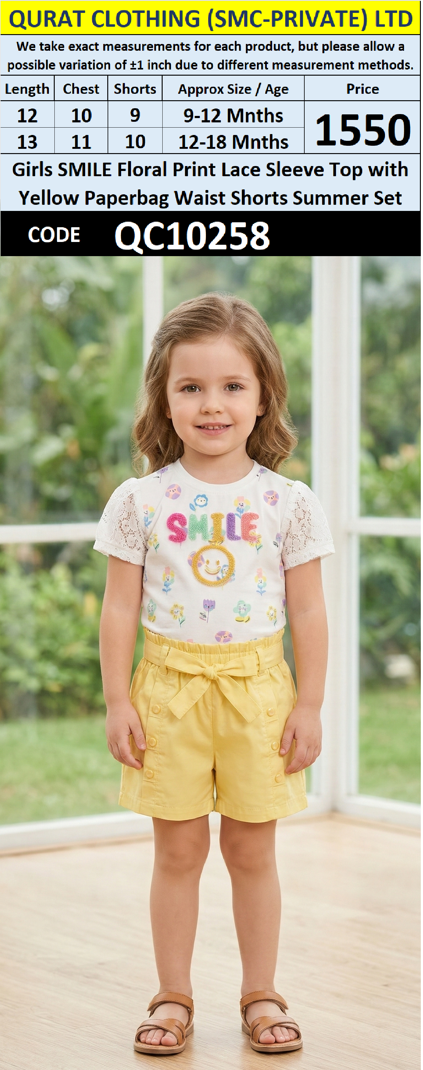 Girls SMILE Floral Print Lace Sleeve Top with Yellow Paperbag Waist Shorts Summer Set – QC10258 - QC10258