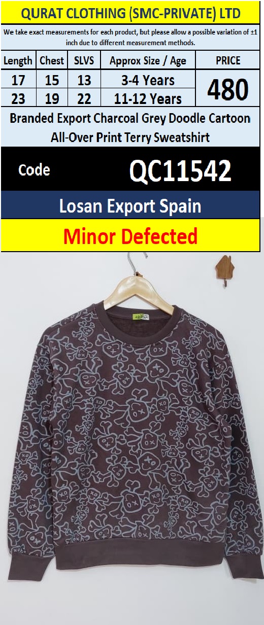 Losan Export Spain Branded Charcoal Grey Doodle Cartoon All-Over Print Terry Sweatshirt – Minor Defected – QC11542