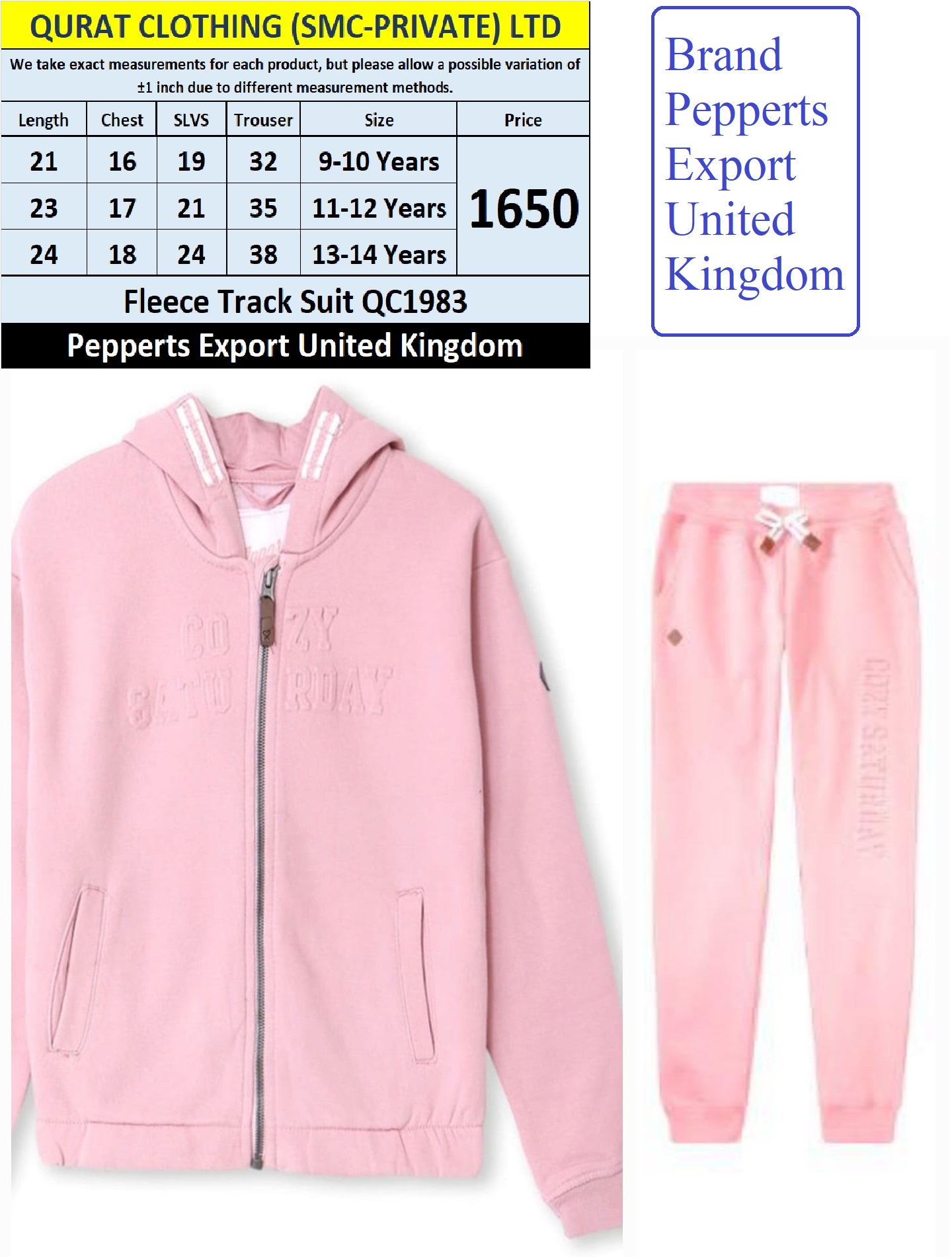 Pepperts Brand Pink Fleece Tracksuit QC1983 Export United Kingdom