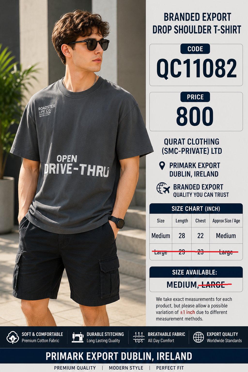 Charcoal Grey Open Drive-Thru Printed Branded Export Drop Shoulder T-Shirt QC11082 – Primark Export Dublin Ireland
