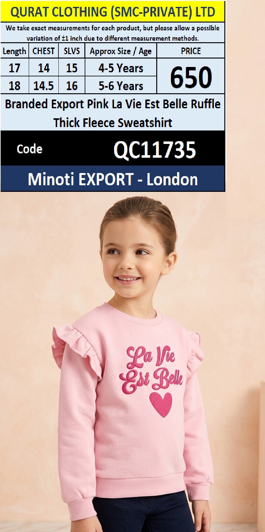 Branded Export Pink La Vie Est Belle Ruffle Thick Fleece Sweatshirt Minoti EXPORT - London QC11735