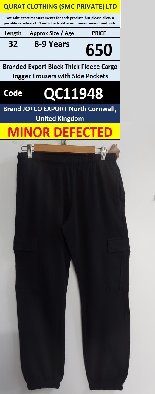 JO+CO Export United Kingdom Branded Export Black Thick Fleece Cargo Jogger Trousers with Side Pockets – Minor Defected – QC11948