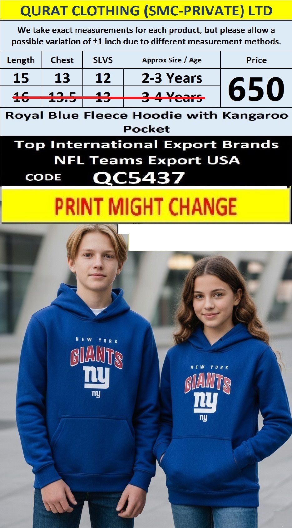 Royal Blue Fleece Hoodie New York Giants Printed Text with Kangaroo Pocket – Export USA – QC5437