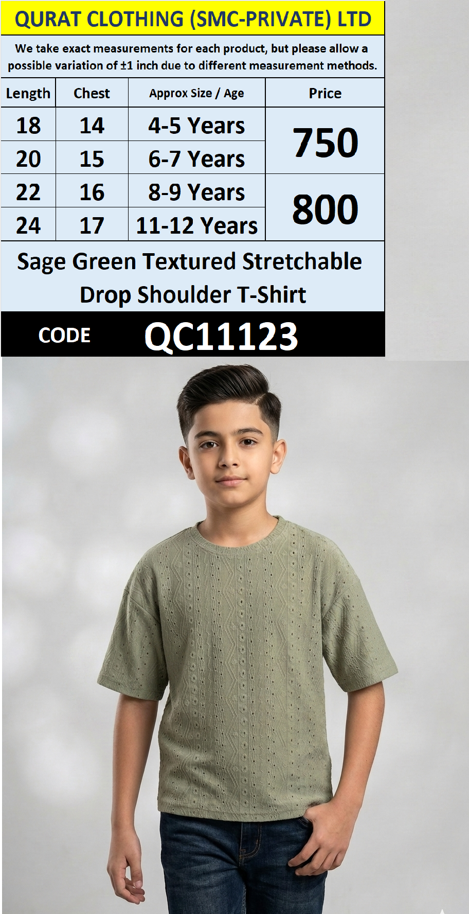 Sage Green Textured Stretchable Drop Shoulder T-Shirt QC11123