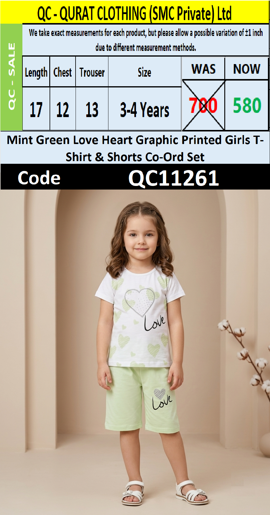 Mint Green Love Heart Graphic Printed Girls T-Shirt & Shorts Set QC11261