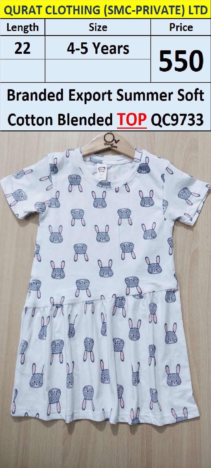 Branded Export Summer Cute Bunny Print Soft Cotton Blended TOP QC9733