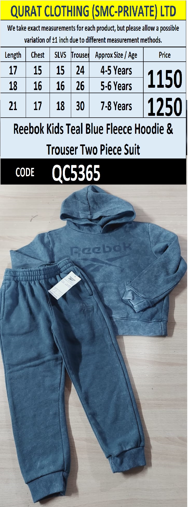 Reebok Kids Teal Blue Fleece Hoodie & Trouser Two Piece Suit QC5365