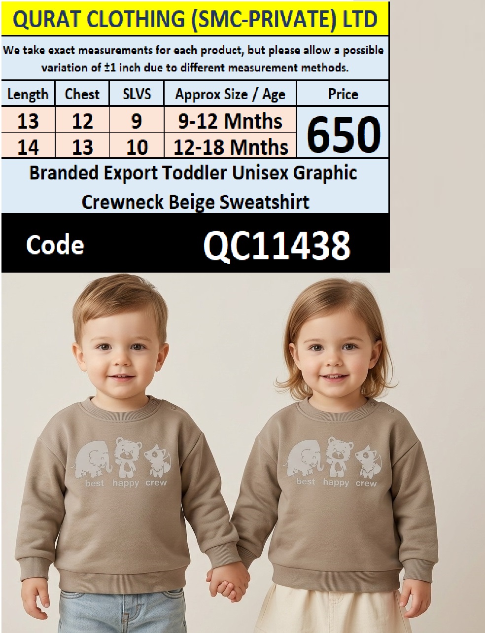 Branded Export Toddler Unisex Graphic Crewneck Beige Sweatshirt – QC11438