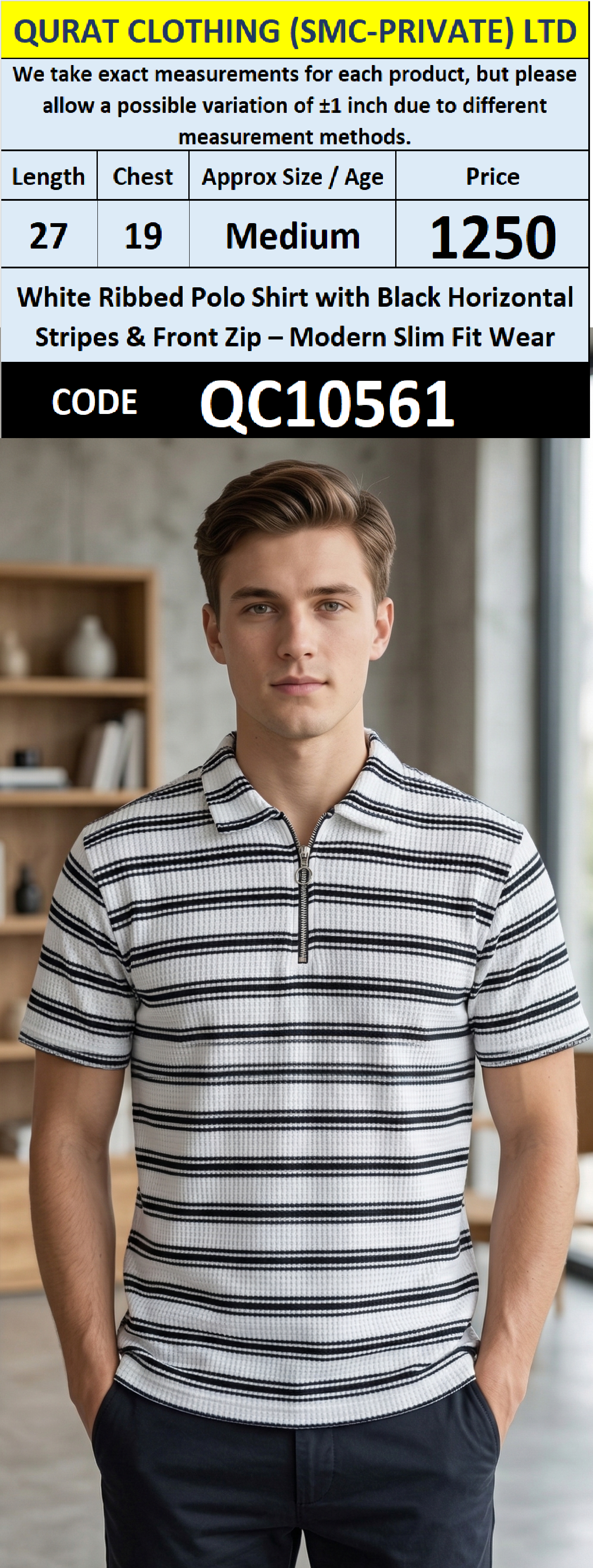 White Ribbed Polo Shirt with Black Horizontal Stripes & Front Zip – Modern Slim Fit Wear – QC10561