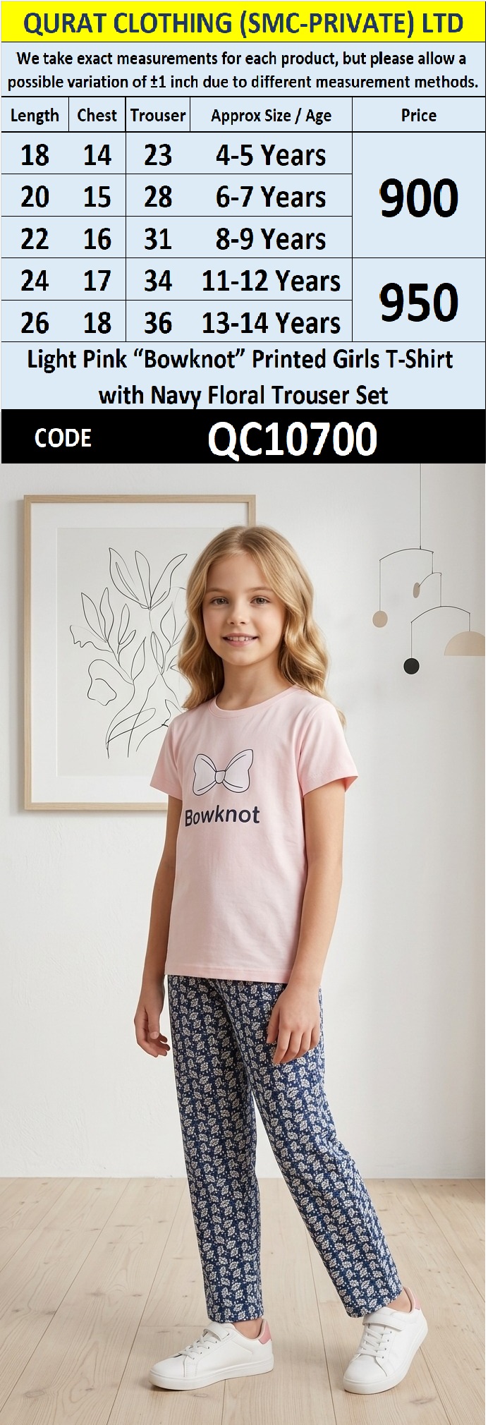 Light Pink “Bowknot” Printed Girls T-Shirt with Navy Floral Trouser Set – QC10700