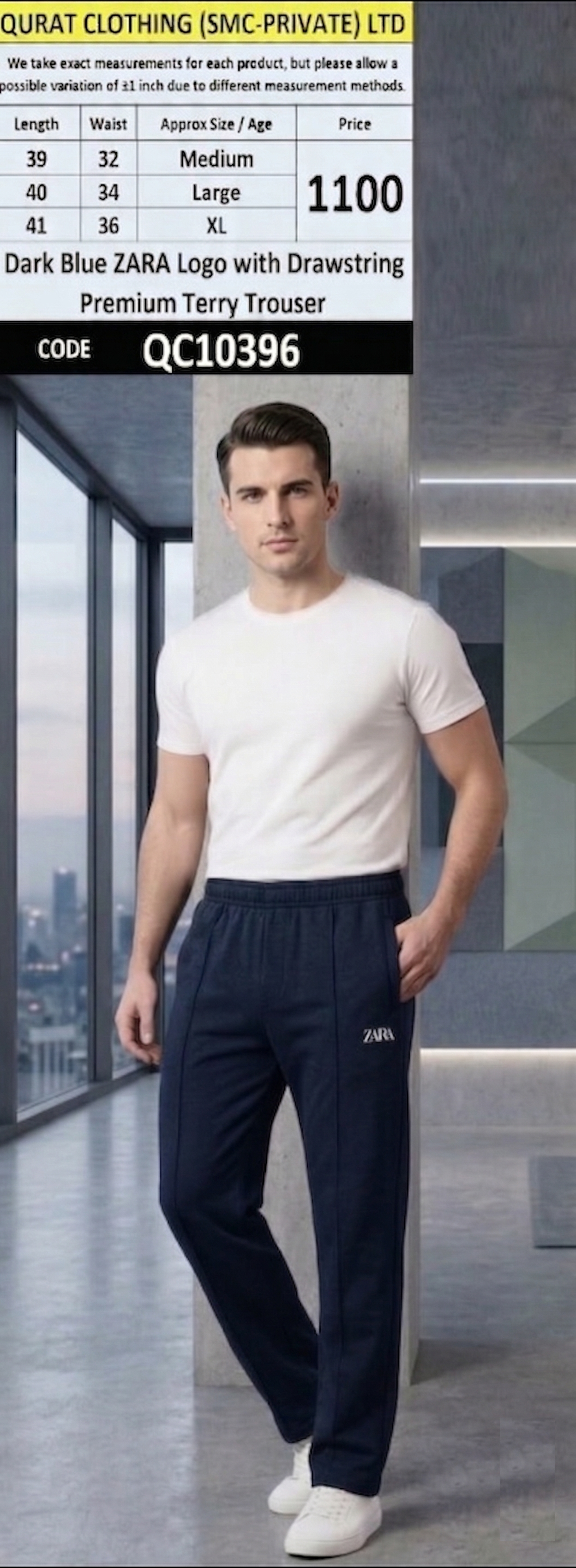 Dark Blue ZARA Logo with Drawstring Premium Terry Trouser QC10396