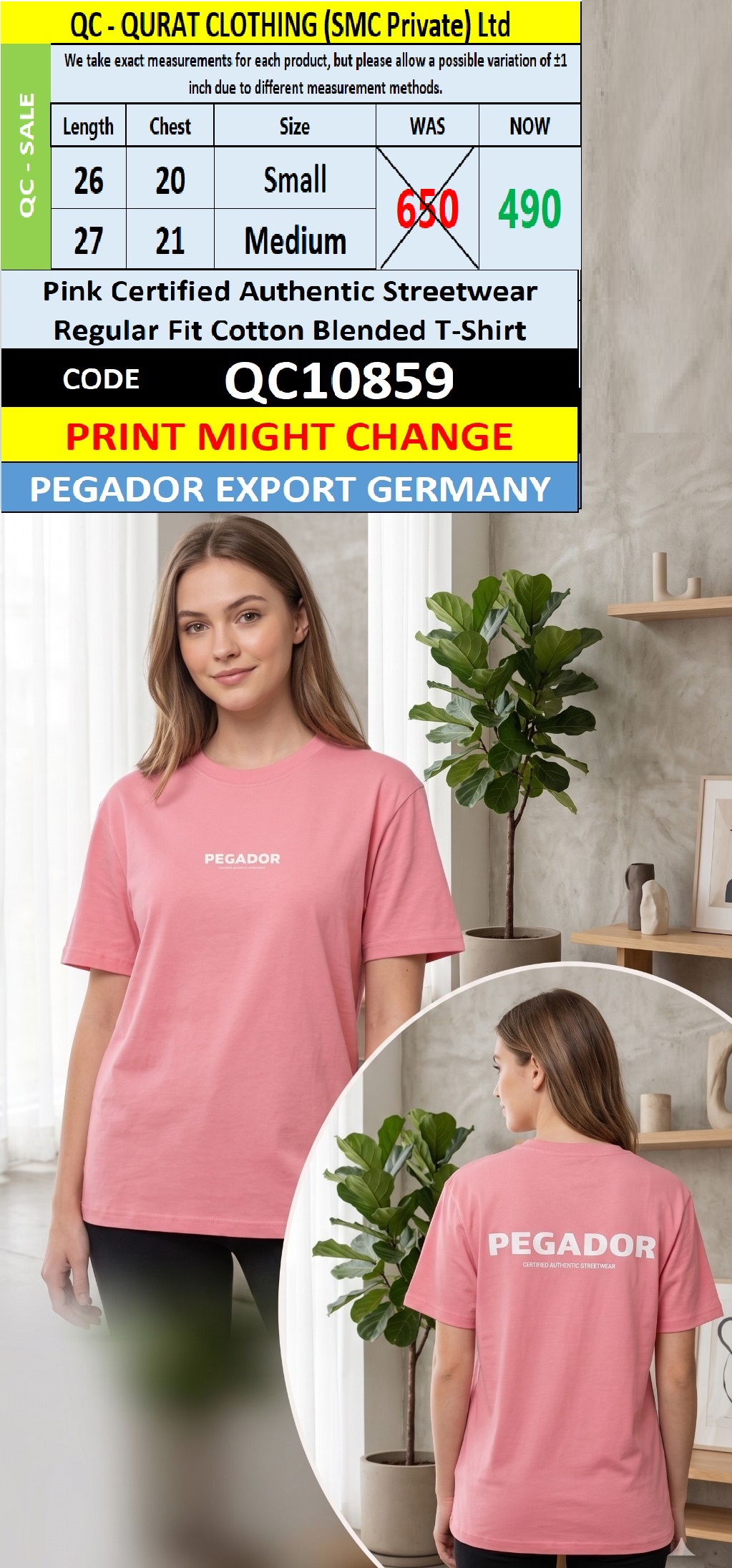 Pegador Export Germany Pink Certified Authentic Streetwear Regular Fit Cotton Blended T-Shirt QC10859