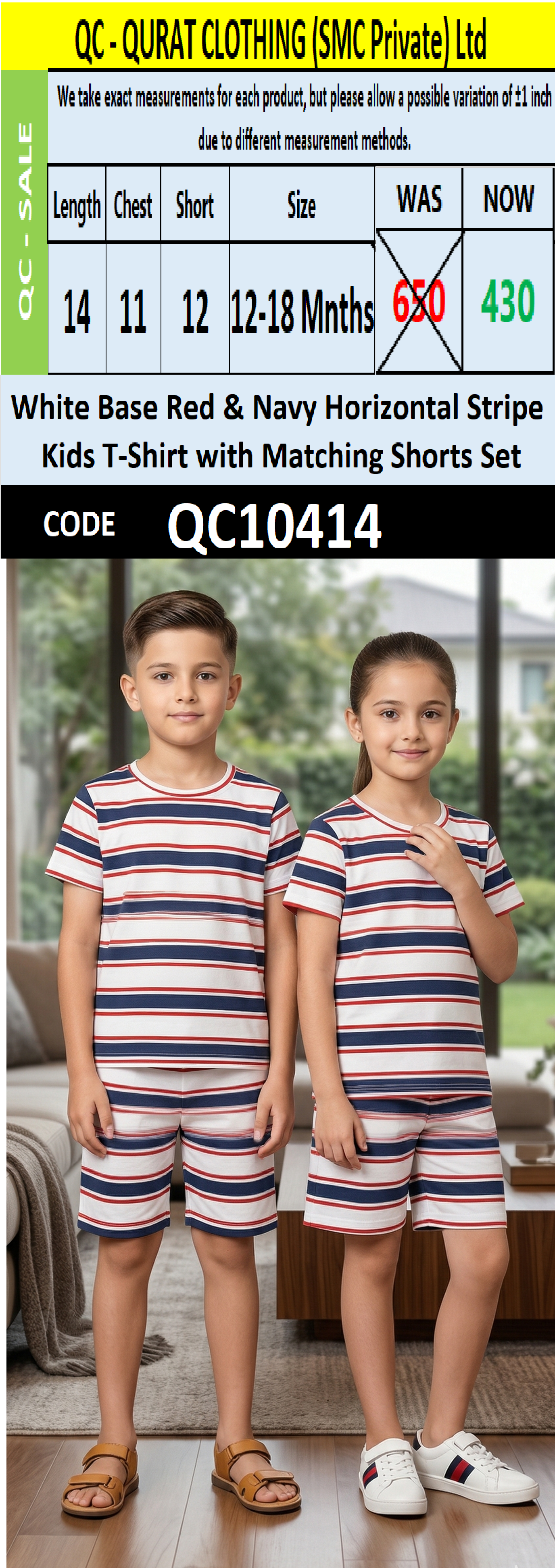 White Base Red & Navy Horizontal Stripe Kids T-Shirt with Matching Shorts Set QC10414