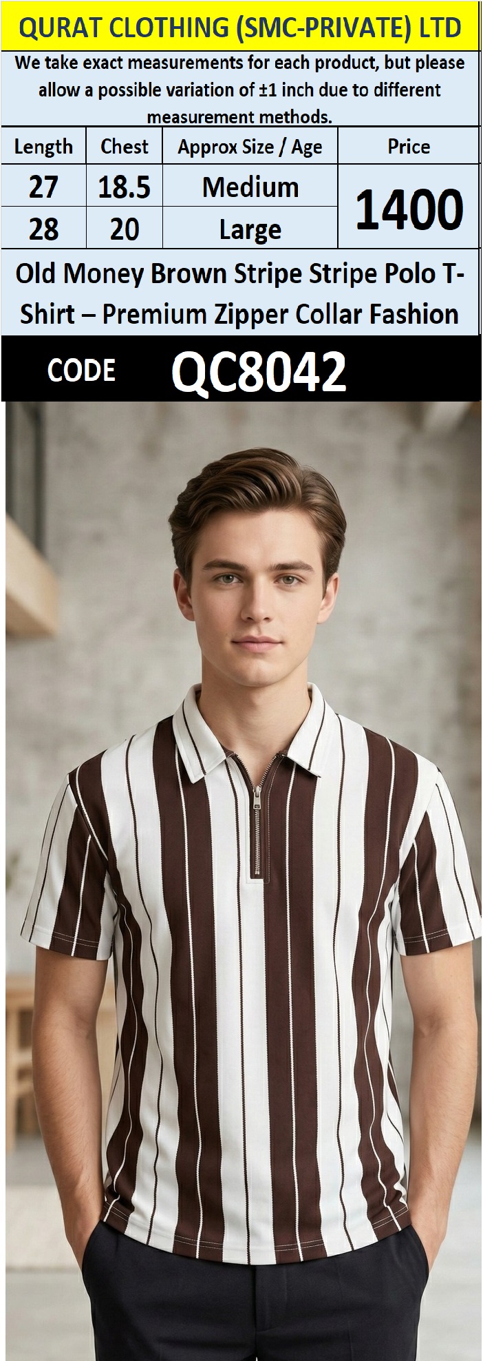 Old Money Brown Stripe Stripe Polo T-Shirt – Premium Zipper Collar Fashion QC8042 - QC8042
