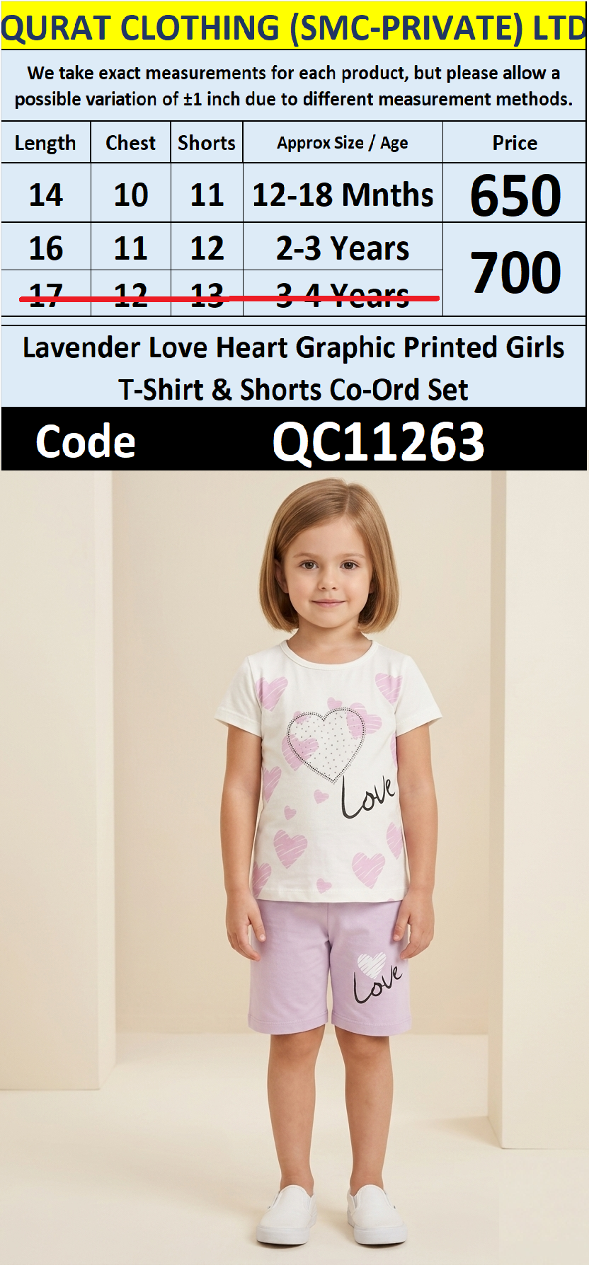 Lavender Love Heart Graphic Printed Girls T-Shirt & Shorts Set QC11263
