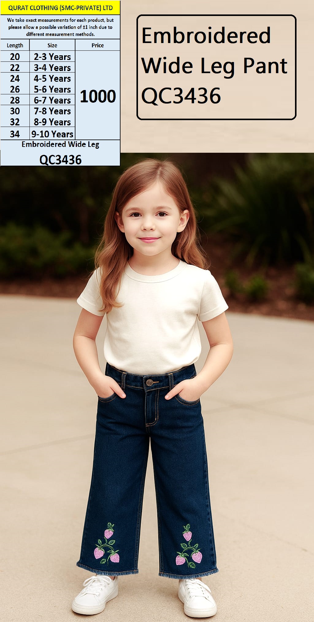 Dark Blue Embroidered Wide Leg Pant – QC3436