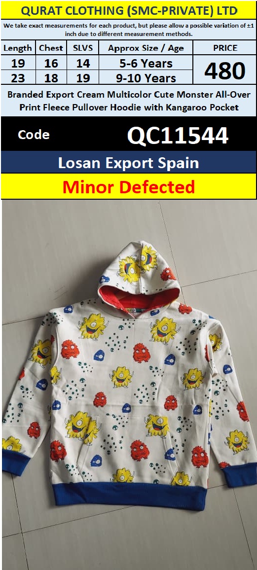 Losan Export Spain Branded Cream Multicolor Cute Monster All-Over Print Fleece Pullover Hoodie with Kangaroo Pocket – Minor Defected – QC11544