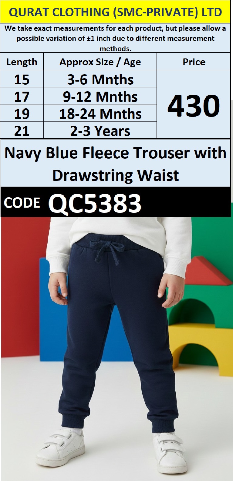 Navy Blue Fleece Trouser with Drawstring Waist for Babies & Kids QC5383