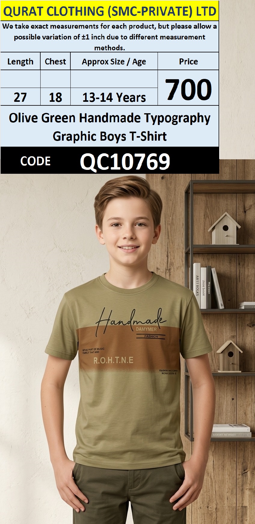 Olive Green Handmade Typography Graphic Boys T-Shirt QC10769