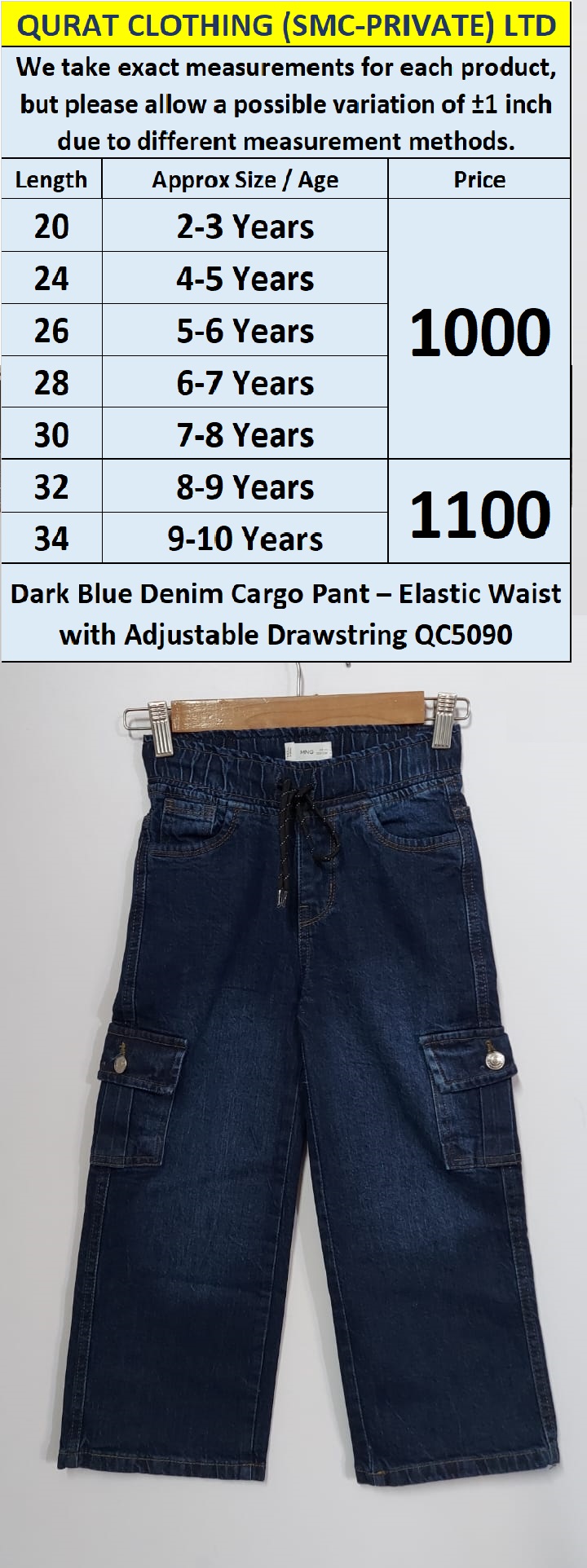 Dark Blue Denim Cargo Pant – Elastic Waist with Adjustable Drawstring QC5090