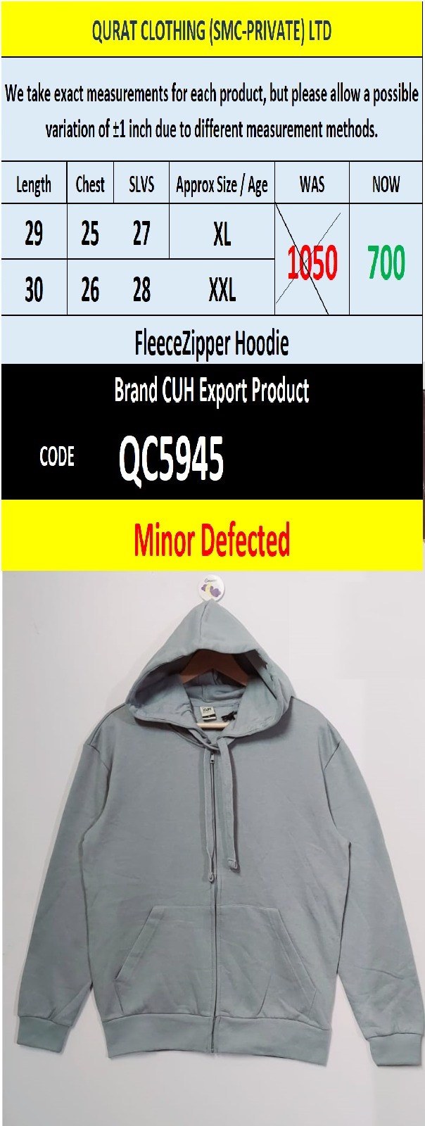 Brand Sinsay Men's Fleece Zipper Hoodie - QC5945 (Minor Defected)