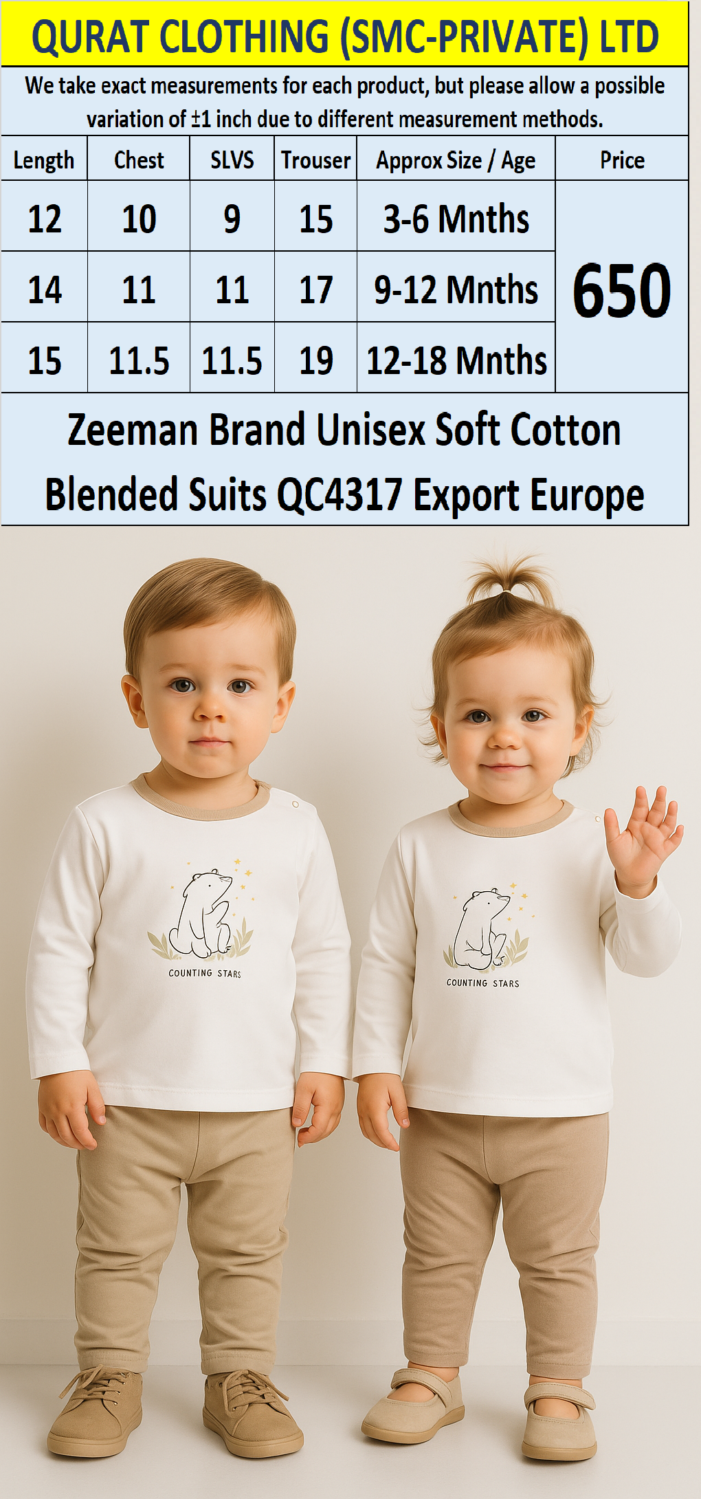 Zeeman Brand Unisex Soft Cotton Blended Suits QC4317 Export Europe 