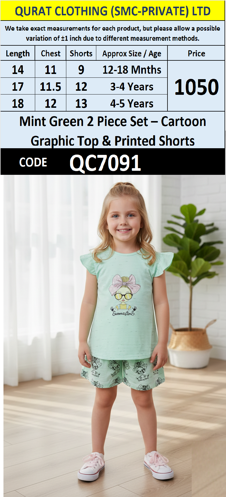 Mint Green 2 Piece Set – Cartoon Graphic Top & Printed Shorts – QC7091