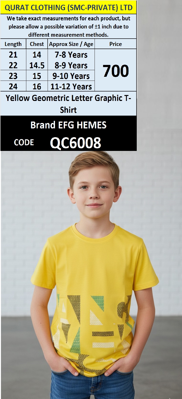 Yellow Cotton Blend Boys T-Shirt Geometric Letter Graphic – QC6008