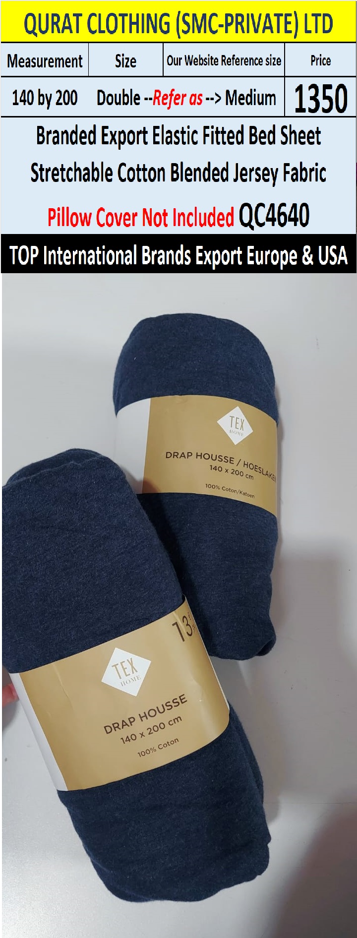 Top Intl Brand Elastic Fitted Stretchable Cotton Blended Jersey Fabric Bed Sheet QC4640 Export Europe & USA