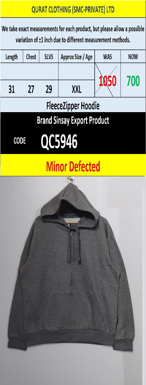 Brand Sinsay Men's Fleece Zipper Hoodie - QC5946 (Minor Defected)