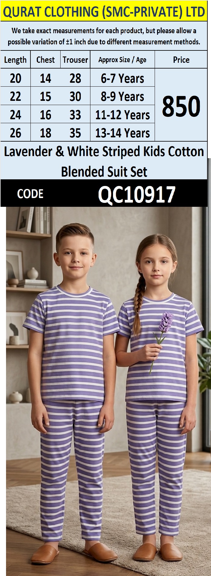 Lavender & White Striped Kids Cotton Blended Suit Set QC10917